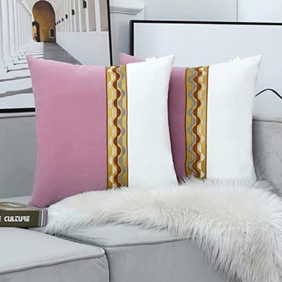 ROSE/PINK Velvet Patchwork Throw Pillow Covers - Pack of 2, 18x18 - Picture 1 of 6